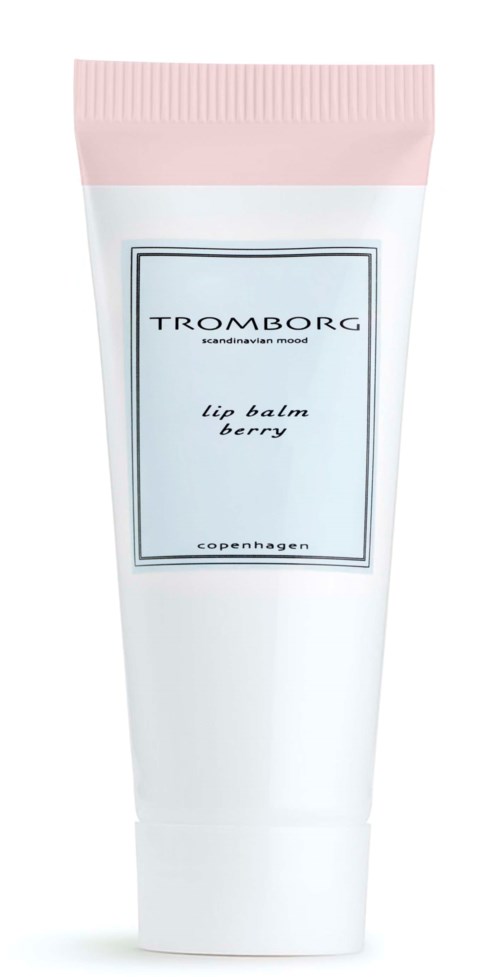 Eine weiße Tube mit rosa Oberseite, beschriftet Tromborg lip balm berry, aus Kopenhagen.