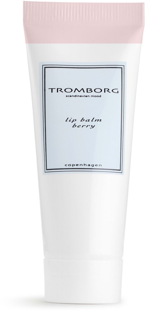 Eine weiße Tube mit rosa Deckel, beschriftet Tromborg lip balm berry, hergestellt in Kopenhagen.