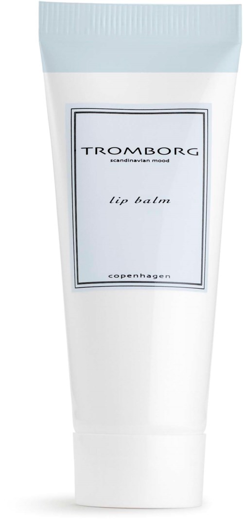 Ein weißer Tuben mit blauer Kappe, beschriftet 'Tromborg lip balm, Kopenhagen'.