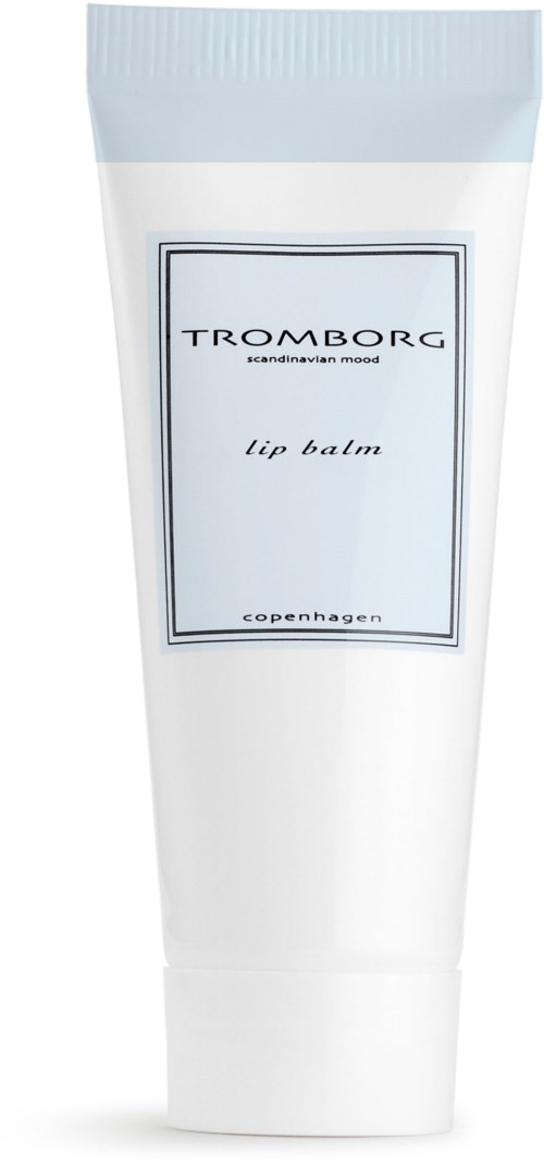 Ein weißer Tube mit einem Etikett, das 'Tromborg lip balm' und 'Copenhagen' sagt.