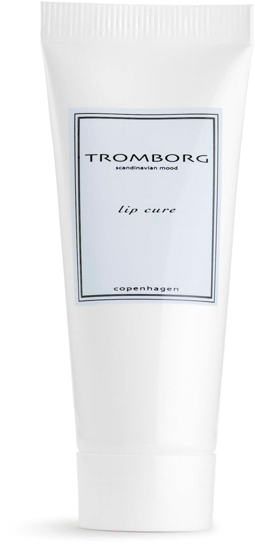 Ein weißer Tube mit Lippenbalsam, beschriftet Tromborg Lip Cure aus Kopenhagen.
