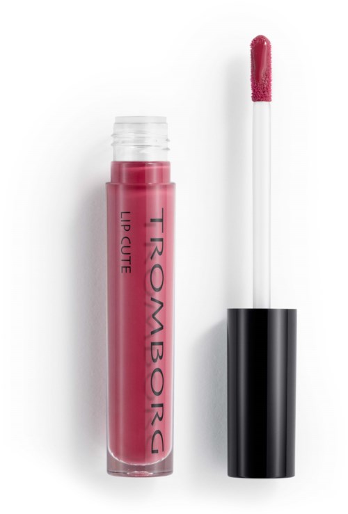 Pink lip gloss tube with a clear cap and a wand applicator lying beside it.