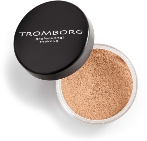 A round container of beige powder with a black lid labeled 'TROMBORG professional makeup' is shown.