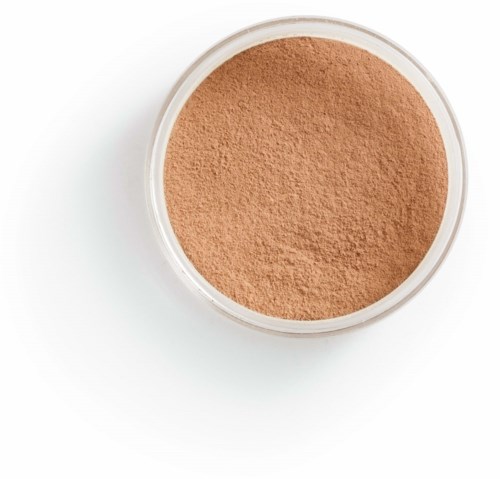 A round container filled with light brown powder, viewed from above on a white background.