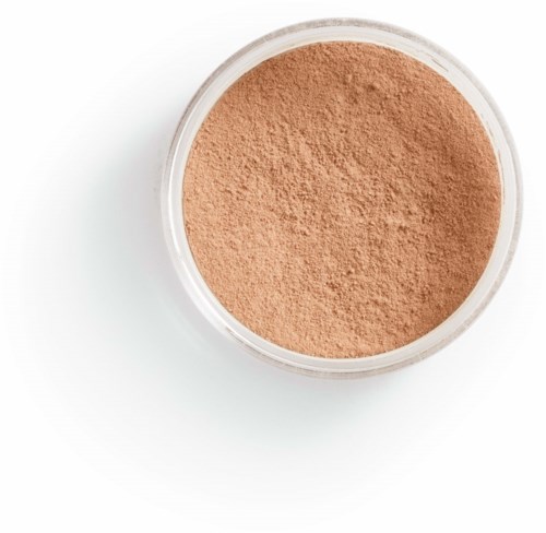 A round open container holding beige powder, likely makeup or face powder.