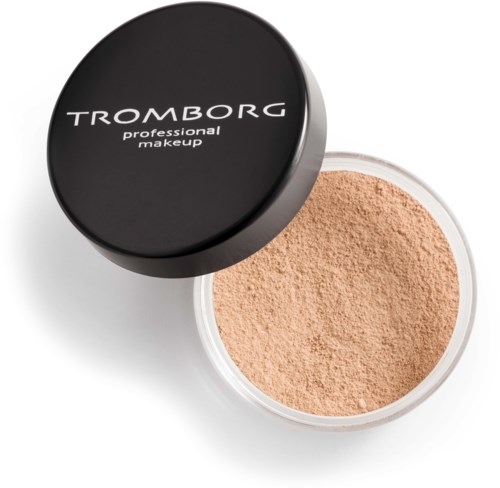 A round container with a black lid labeled "TROMBORG professional makeup" shows beige powder inside.