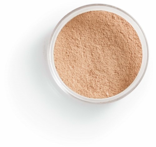 A round container holds light brown face powder on a white background.