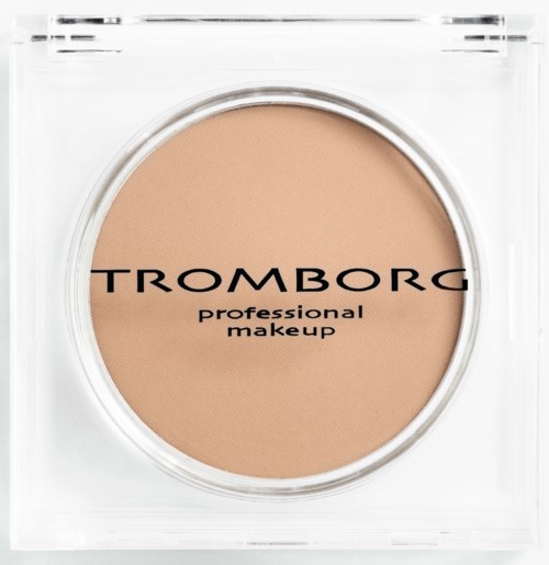 Ein Kompaktpuder mit durchsichtigem Deckel, beschriftet 'TROMBORG' und 'professional makeup'.