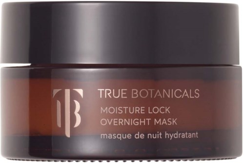 A brown jar with a black lid, labeled as a hydrating overnight mask from True Botanicals.