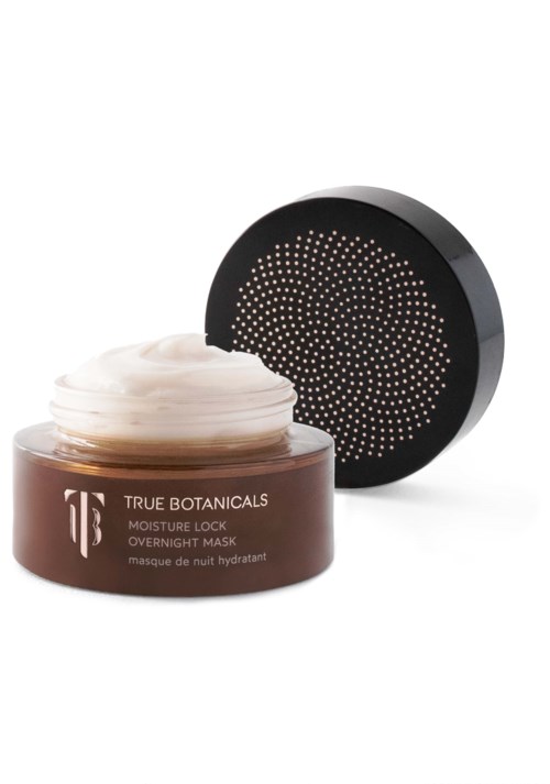 A jar of cream with a black lid, labeled "True Botanicals Moisture Lock Overnight Mask."