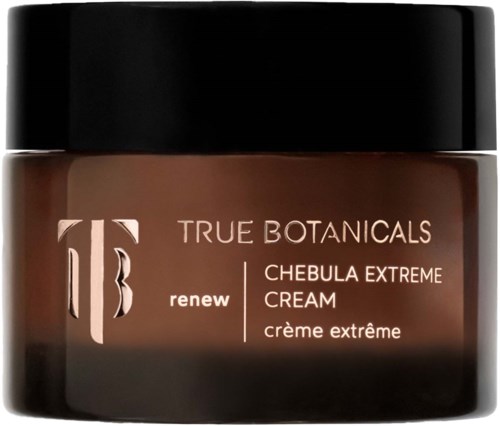 A jar of True Botanicals Chebula Extreme Cream with a black lid and brown body.