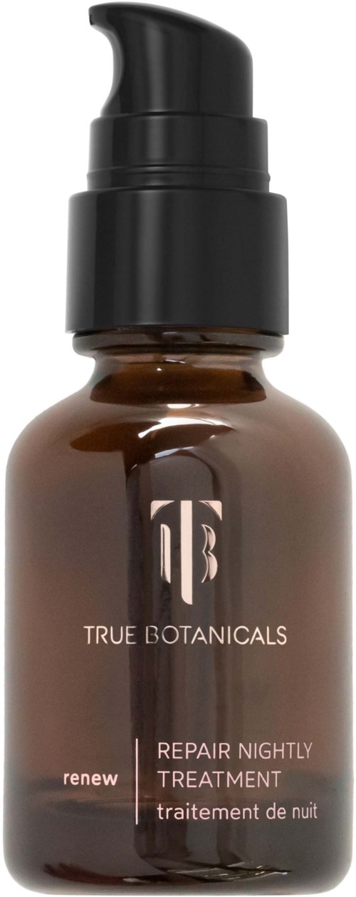 A small brown bottle with a black pump labeled 'True Botanicals' and 'Repair Nightly Treatment.'