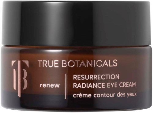 A small brown jar with a black lid, labeled 'True Botanicals' and 'Resurrection Radiance Eye Cream.'