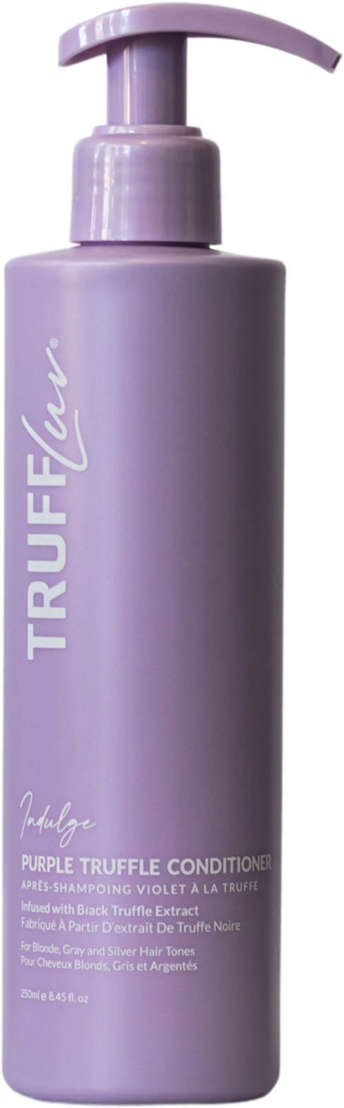 Een lange lavendelkleurige fles met een pomp, gelabeld 'TRUFFLE' en 'Purple Truffle Conditioner' voor haarverzorging.