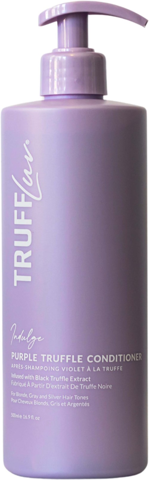 Een lange, paarse fles met pump, gelabeld "TRUFFLE" en "Purple Truffle Condition" voor haarverzorging.