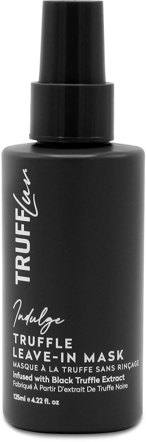 Een zwarte fles Truffle Leave-In Mask met spraydop, gemerkt 'Truffle' en 'Indulge', bevat zwarte truffel-extract.