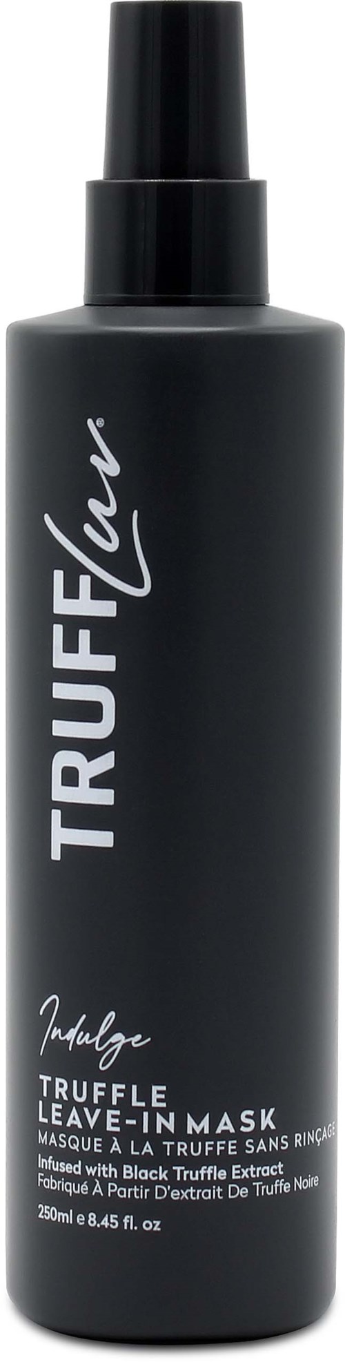 Zwarte sprayfles met label 'TRUFFLE'. Het is een haarmasker met zwarte truffel-extract.