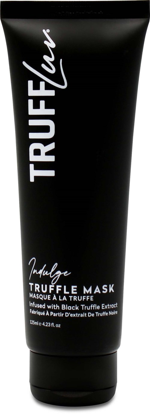 Een zwarte tube met truffelmasker met witte en zilveren tekst, merknaam en productdetails.