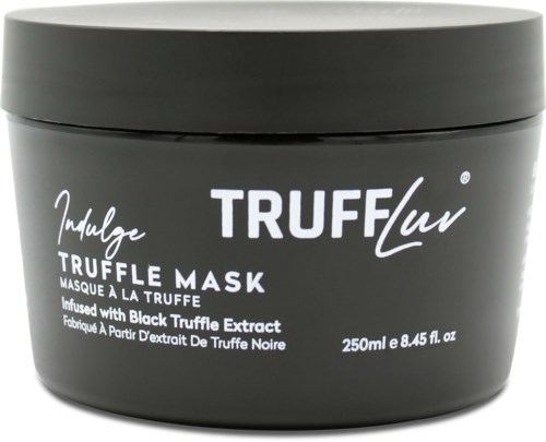 Een zwarte pot met witte tekst genaamd Truffle Mask, met 250 ml masker met zwarte truffel-extract.