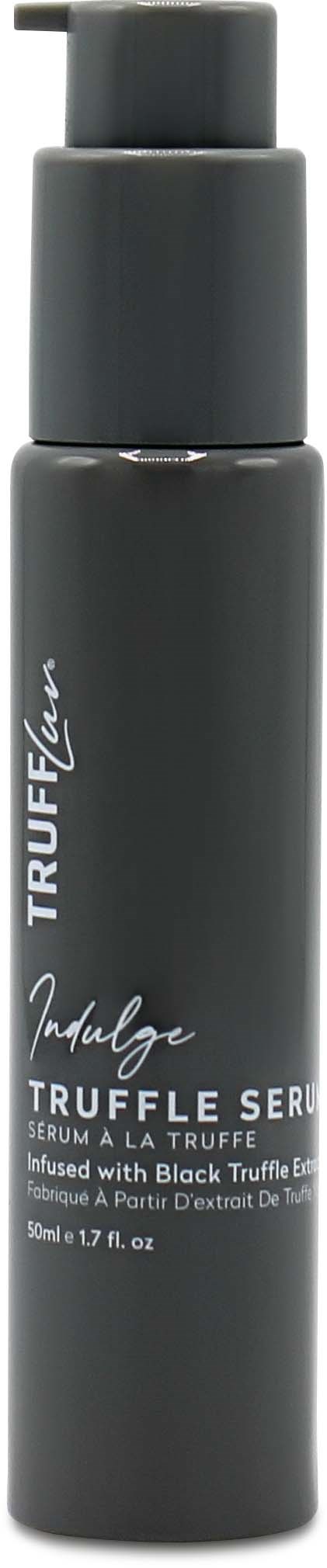 Een zwarte fles met pomp bevat Truffel Serum voor skincare, gemarkeerd met witte tekst.