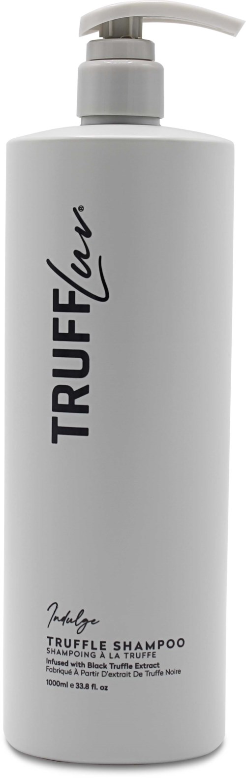 Een witte fles Truffluxe Truffle Shampoo met pomp, gelabeld met merk en productgegevens.