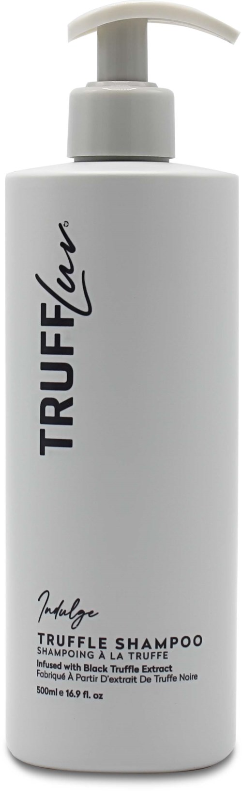 Een witte fles met pomp, gelabeld 'TRUFEEL' en 'TRUFFLE SHAMPOO' voor haarreiniging en verzorging.