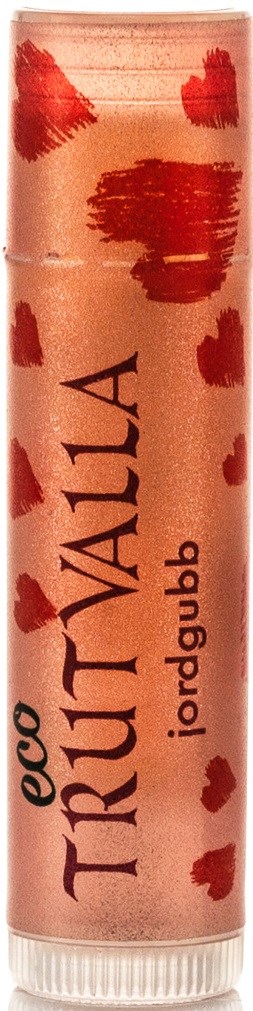 A lip balm tube with red heart patterns and the words "TRUTAVA" and "labb" on it.