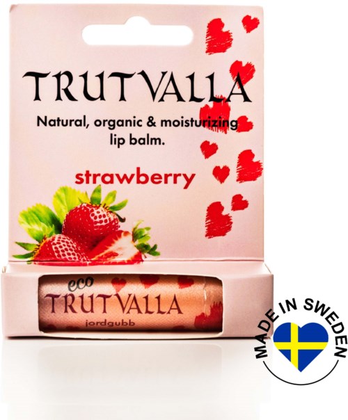 Organic strawberry lip balm in pink packaging with strawberries and red hearts on the box. Made in Sweden.