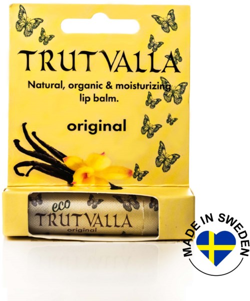 Yellow packaging with black butterflies, vanilla and vanilla plant image, text about natural, organic lip balm, made in Sweden.