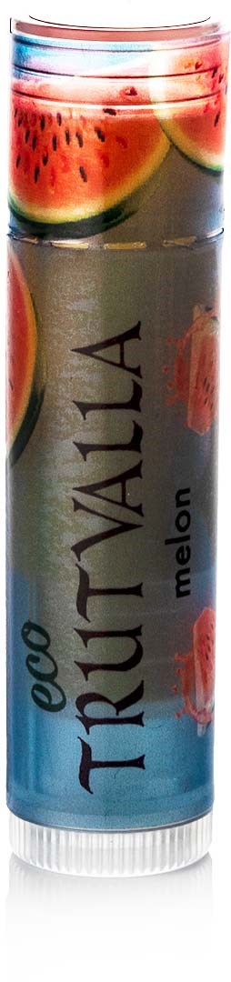Lip balm tube with watermelon and floral design, labeled 'ECO FRUTA WALKA melon'.