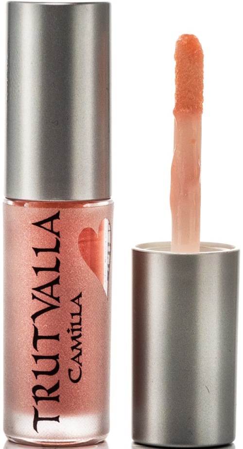 Lip gloss tube labeled 'TruValia Camila' with a pink and silver design, one cap open showing applicator.