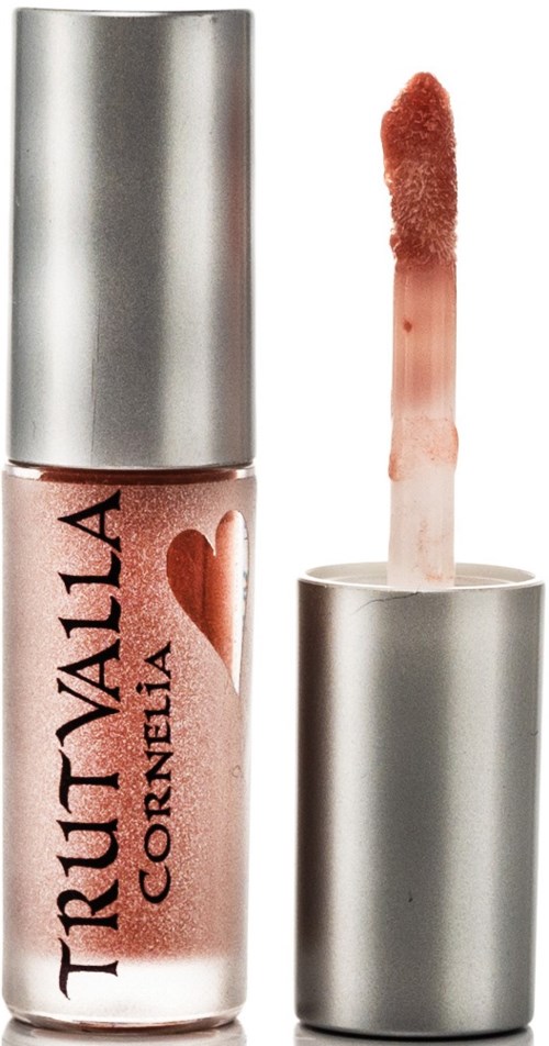 Lip gloss with a silver cap, labeled 'TRUVALA CORNELIA' and a heart symbol, with applicator wand beside it.