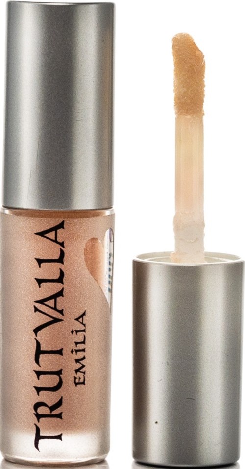 A beige liquid lipstick in a clear tube with silver cap, and an applicator wand beside it.