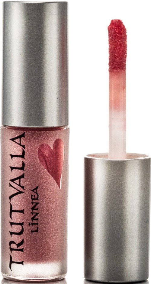 The lip gloss tube has a pink color with a silver cap. The brand name "TRUBALAI LINNEA" is printed on it.