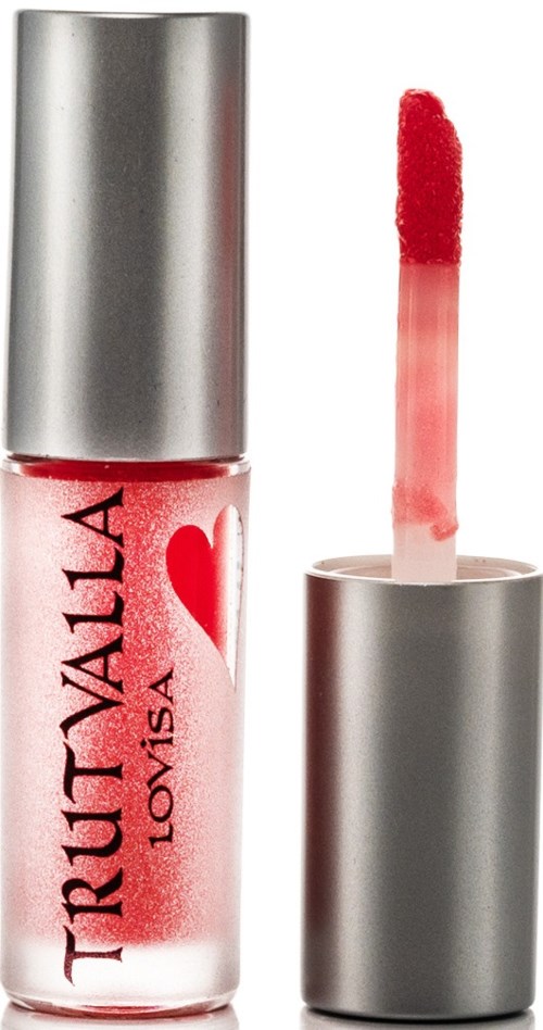 Lip gloss tube with a silver lid, labeled 'TRUVALIA LOVE VISO,' and a red doe-foot applicator.