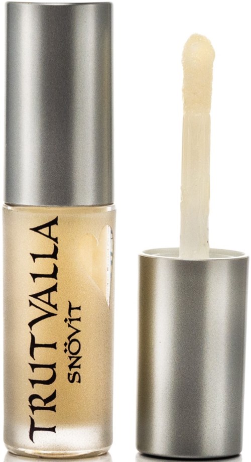 A beauty product named "TruValla Snövit" with a silver cap and white liquid inside, with a wand applicator.