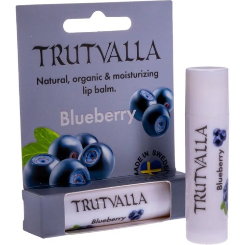 A blueberry flavored lip balm in a white tube with blueberries and green leaves on it.