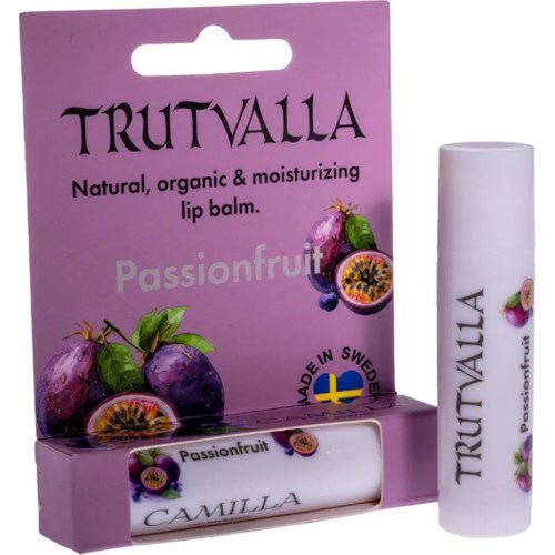Lip balm with passionfruit flavor, in a white tube, with packaging showing passionfruit images. Made in Sweden.