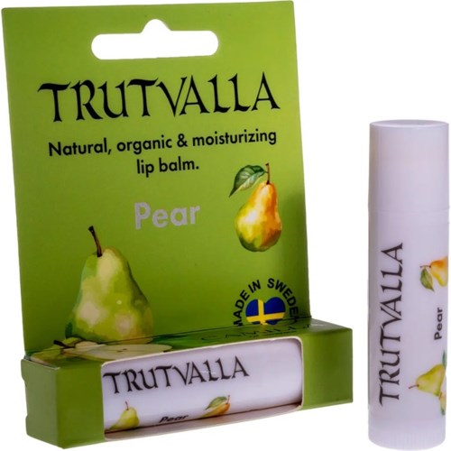 A green package of Trutvalla natural pear lip balm, with images of pears and a Swedish flag.