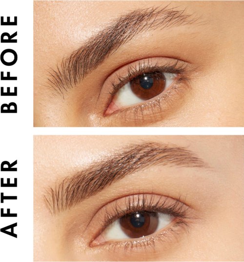 Nahaufnahme eines Auges einer Person, die Augenbrauen vor und nach Pflege oder Make-up zeigt. Klare Haut und braune Augen.