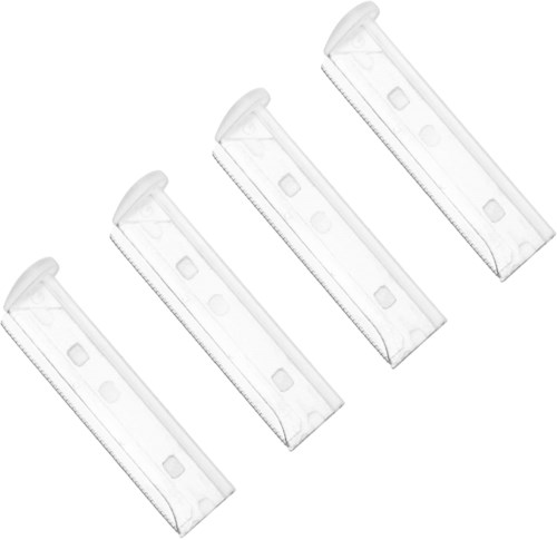Four disposable razor blades displayed in a row, each with a transparent cover.
