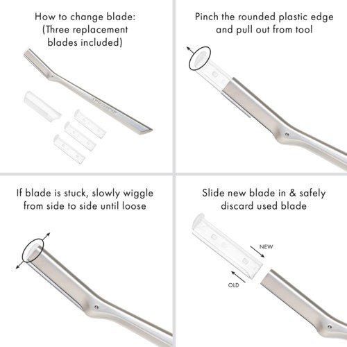Steps to change the razor blade: remove old blade, wiggle stuck blade, insert new blade securely.