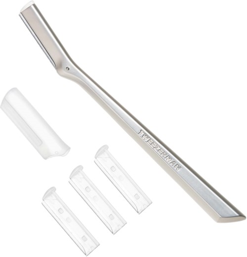 A metal tool with a curved end and three replacement blades for shaving. The brand name is engraved on the handle.