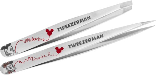 Two metal tweezers decorated with Mickey Mouse and Minnie Mouse along with their names and mouse head icons.