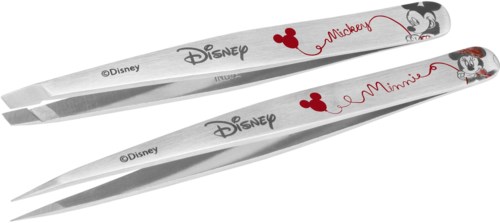 Two chopsticks with Disney, Mickey Mouse, and Minnie Mouse images and text in red and black.