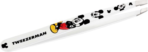 Ein weißer Stift mit Cartoon-Bildern von Mickey Mouse und dem Tweezerman-Logo.