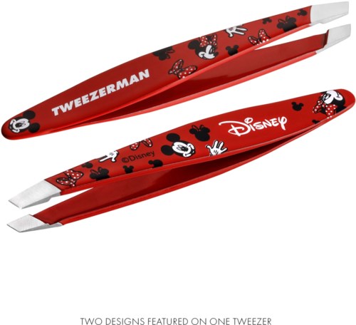 Two red tweezers feature Disney and Mickey Mouse patterns with characters and logos.