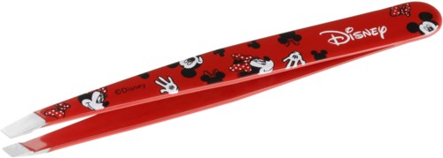 Red plastic tweezers decorated with Mickey and Minnie Mouse characters and Disney logo.