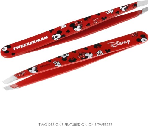 Red tweezers with Disney and Minnie Mouse designs, featuring cartoon characters and playful patterns.
