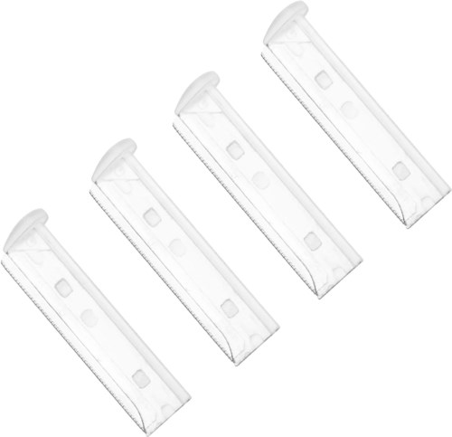 Four transparent razors are arranged diagonally, each with a white handle and a double-blade head.